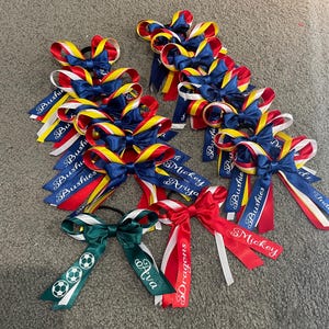 May include: A collection of hair bows made from layered satin ribbons in red, white, yellow, and blue, with some featuring green ribbons. Several bows have names like Bushies, Mickey, Ariya, and Dragons printed in white, along with soccer ball icons.