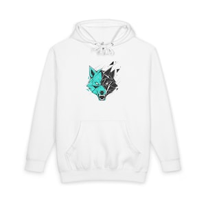 May include: A white hooded sweatshirt featuring a central graphic of a wolf head composed of geometric shapes. The wolf design is split into two halves, one in shades of teal and the other in black, with sharp angular lines and a front pouch pocket.