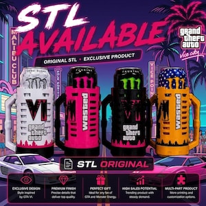 May include: Four beverage can holders with handles, each featuring a unique color scheme and design. The holders display text including "STL AVAILABLE," "GRAND THEFT AUTO," "WASTED," and "ORIGINAL STL," set against a vibrant neon-lit city background.
