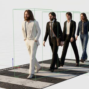 May include: A 3D digital rendering of four figures walking across a crosswalk, each enclosed in a green wireframe box. The figures are dressed in 1960s attire, including suits and denim. The text Abbey Road Studio is visible on the asphalt surface.