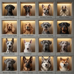 May include: A grid of sixteen square compartments, each containing a portrait of a different dog breed. The breeds include Great Dane, Boxer, French Bulldog, Afghan Hound, Cocker Spaniel, Golden Retriever, Schnauzer, Rottweiler, Bull Terrier, Cane Corso, Weimaraner, Neapolitan Mastiff, German Shepherd, Alaskan Malamute, and Shiba Inu.
