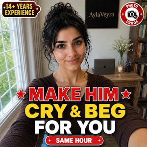 May include: A person with dark hair wearing a brown long-sleeve shirt. Text overlays read: 14+ YEARS EXPERIENCE, AylaVeyra, PHOTO PROOF, MAKE HIM CRY & BEG FOR YOU, and SAME HOUR. The background shows a window, a laptop, and a bookshelf.