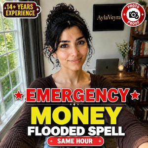 Könnte beinhalten: Eine Person mit dunklem, lockigem Haar trägt ein braunes Langarmshirt. Überlagerter Text zeigt 14+ YEARS EXPERIENCE, AylaVeyra, PHOTO PROOF, EMERGENCY MONEY FLOODED SPELL und SAME HOUR. Im Hintergrund sind ein Fenster, ein Laptop und ein Bücherregal zu sehen.