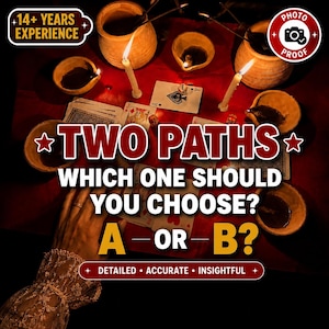 Può includere: Un set di divinazione con carte da gioco, dadi e candele accese in piccole ciotole di argilla su una superficie rossa. Il testo recita: 14+ YEARS EXPERIENCE, PHOTO PROOF, TWO PATHS WHICH ONE SHOULD YOU CHOOSE? A OR B?, DETAILED ACCURATE INSIGHTFUL.