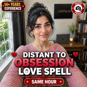 Könnte beinhalten: Eine Person mit dunklem, lockigem Haar trägt ein langärmeliges Oberteil in Altrosa. Der Text lautet: 14+ YEARS EXPERIENCE, DISTANT TO OBSESSION LOVE SPELL, SAME HOUR. Ein rotes, rundes Abzeichen mit Kamerasymbol und der Aufschrift PHOTO PROOF.