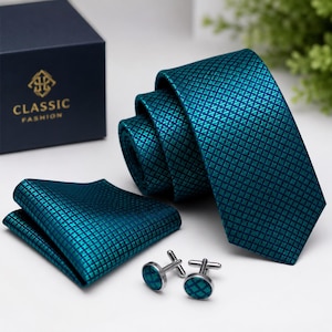 Men's Blue Green Silk Tie Set, Geometric Patterned Necktie, Pocket Square, Cufflinks