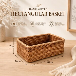 May include: A rectangular hand-woven basket with a natural brown finish. The basket features a woven texture and dimensions of 7cm in height, 14cm in width, and 20cm in length. Text on the image reads: HAND WOVEN RECTANGULAR BASKET, NATURAL & ECO-FRIENDLY, HAND WOVEN WITH CARE, DURABLE & LONG LASTING.