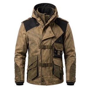 Puede incluir: Una chaqueta con capucha en color tostado y verde oliva que presenta paneles negros en los hombros, múltiples bolsillos utilitarios con solapa y dos correas con hebilla horizontales en el cierre frontal. Incluye mangas largas y cuello alto.