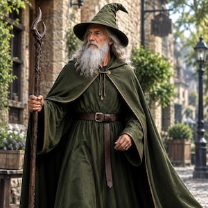 Pode incluir: Uma capa longa com capuz em verde-azeitona escuro com um fecho dourado no pescoço, usada sobre uma túnica a condizer até ao chão. Um cinto de couro castanho com fivela de metal aperta a cintura. O traje inclui um chapéu pontiagudo e um cajado.