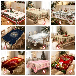 May include: A collection of nine rectangular tablecloths featuring various Christmas-themed prints, including Santa Claus, reindeer, holly, winter landscapes, and festive patterns in red, green, white, and blue, displayed on dining tables.