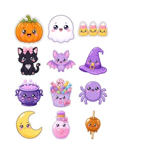 Puede incluir: Un conjunto de doce pegatinas de estilo kawaii con temática de Halloween que incluye una calabaza naranja, un fantasma blanco, tres caramelos de maíz, un gato negro, un murciélago morado, un sombrero de bruja, un caldero, un cubo de dulces, una araña, una luna, una poción y una manzana de caramelo.
