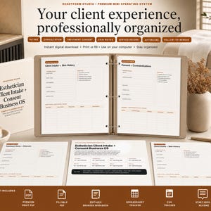 Esthetician Client Intake + Consent Business OS | Fillable PDF, Editable Browser Workbook, Spreadsheet Tracker