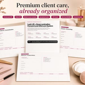 Lash Lift + Brow Lamination Consent and Aftercare System | Fillable PDF, Editable Browser Workbook, Spreadsheet Tracker