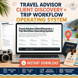 May include: A laptop displaying a Travel Advisor Client Discovery and Trip Workflow Operating System, accompanied by a camera, a passport, a luggage tag labeled Time to explore, and printed checklists on a desk with a map background.