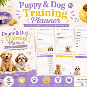 May include: A spiral-bound Puppy & Dog Training Planner with purple and yellow accents, featuring photos of a golden retriever puppy and a shih tzu. Includes training goal sheets, logs, and trackers for commands, behavior, and rewards for pet owners.