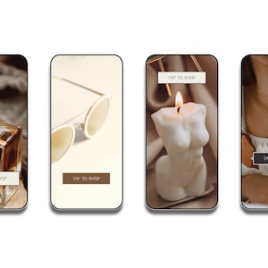 Op de afbeelding: Vier smartphone-schermen met lifestyle-producten. Een parfumfles, zonnebrillen, een torso-vormige kaars en gelaagde kettingen worden getoond. Elke afbeelding heeft een "TAP TO SHOP" knop.