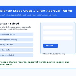 May include: A digital interface titled Freelancer Scope Creep & Client Approval Tracker. It features a list of features including scope change tracker, client approval wording, price impact notes, due date shifts, and a free demo, plus an HTML builder mockup.