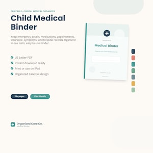 Op de afbeelding: Een digitale en printbare medische map voor kinderen met een witte omslag, een donkerblauw plusteken-icoon, de tekst Medical Binder en een lege regel. De lay-out bevat een kleurenpalet van donkerblauw, oranje, groenblauw, groen en geel.