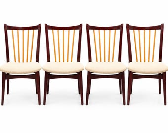 Vintage Mid Century Modern Mahogany & Maple Spindle Back Dining Chairs Made in Germany
