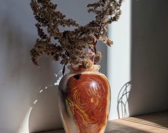 Vintage Banded Onyx Vase | Red & Cream Marble Bud Vessel | Carved Stone Home Decor | 6 Inch Small Earth Tone Flower Vase