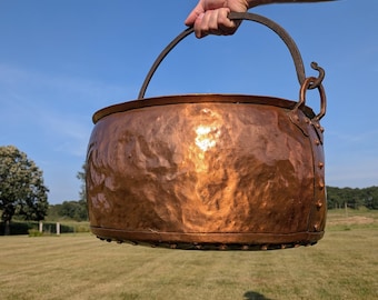 Large Antique Hand-Hammered Copper Cauldron | Vintage Copper Apple Butter Kettle Pot with Forged Iron Handle | Rustic Fireplace Firewood Log