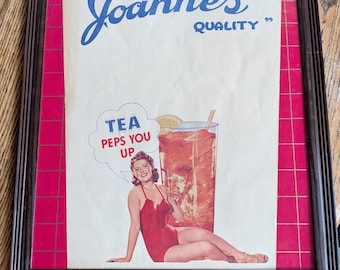 Vintage Joannes Tea Grocery Store Window Display Sign - Double Sided Framed Point of Sale Poster, 1950s Pin-Up Iced Tea Ad, Kitchen Decor