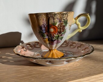 Vintage Rossetti Japan Footed Teacup and Saucer Set, Hand Painted Fruit Porcelain Tea Cup, Reticulated Pierced Edge Gold Trimmed