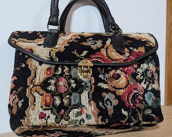 Vintage Jolles Tapestry Carpet Bag Floral Top Handle Satchel Purse Brass Clasp