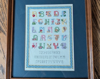 Vintage Framed Alphabet Cross Stitch Sampler - Nursery Wall Decor, ABC Wall Art
