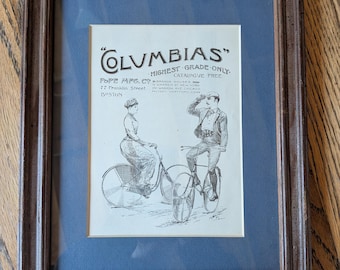 1890 Antique Columbia Bicycles Framed Print Ad, Victorian Pope Mfg Co Advertising Art, Original Vintage Cyclist Wall Decor