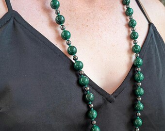 Vintage Long Green Beaded Necklace, 32 Inch Hand Knotted Gemstone Strand, Hematite Spacers, Continuous Opera Length Strand