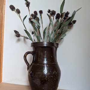 Vintage Brown Glazed Stoneware Pitcher, Rustic Farmhouse Pottery Pitcher, Primitive Earthenware Crock Jug, Country Kitchen Decor