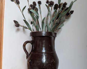 Vintage Brown Glazed Stoneware Pitcher, Rustic Farmhouse Pottery Pitcher, Primitive Earthenware Crock Jug, Country Kitchen Decor