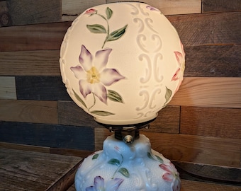 Vintage Milk Glass Gone With The Wind Lamp Hand Painted Purple Clematis Floral Parlor Table Lamp Double Globe Hurricane Cottagecore Decor