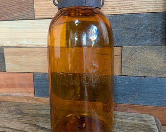 SUPER RARE 1800's Pristine Half Gallon Amber Glass Globe Fruit Jar with original Wire Bail and Lid Farmhouse Primitive Decor
