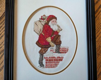 Framed Vintage Santa Cross Stitch Wall Art, Finished Old World Father Christmas Needlepoint in Black Frame, Oval Mat Christmas Decor