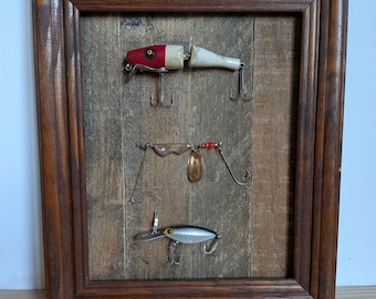 Lakeside Cottage Decor, Framed Vintage Fishing Lure Display, Reclaimed Wood Wall Art, Lake House Man Cave Decor, Gift for Fisherman