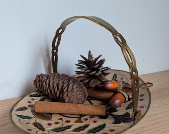 Vintage Brass Christmas Basket Dish, Hand Enamelled Holly Bells Trinket Tray with Handle