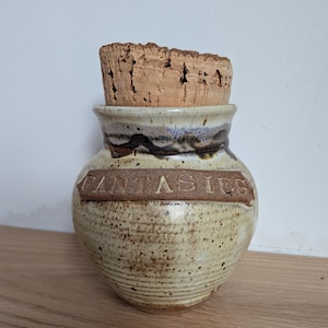 Vintage Studio Pottery "Fantasies" Jar with Cork Lid | Signed DAVE Stoneware Candy Dish Apothecary Stash Canister