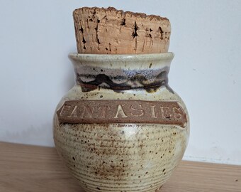 Vintage Studio Pottery "Fantasies" Jar with Cork Lid | Signed DAVE Stoneware Candy Dish Apothecary Stash Canister