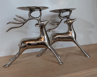 Silver Tone Reindeer Candle Holders Pair, Metal Stag Pillar Candle Stand, Christmas Centerpiece, Winter Mantel Decor, Metallic Deer Candlest