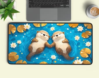 Otters Holding Hands Desk Mat | Cottagecore Pond Illustration, Romantic Animal Workspace Accessory