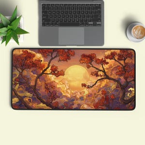 Japanese Landscape Deskmat, Autumn Sunset, Red Maple Tree, Gaming Mat