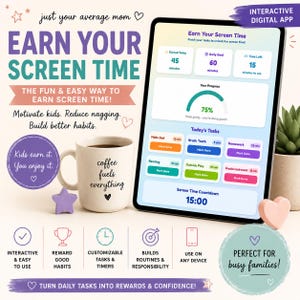 May include: A digital tablet displaying an interactive app titled Earn Your Screen Time with task tracking, progress bars, and timers. Beside it sits a beige ceramic mug with the text coffee fuels everything and a small purple star-shaped object.