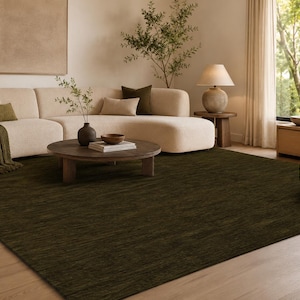 Deep Olive Green Loop Pile Rug, Handmade Wool Area Rug, Modern Solid Rug, Minimalist Carpet, Custom Size Rug, Living Room Decor