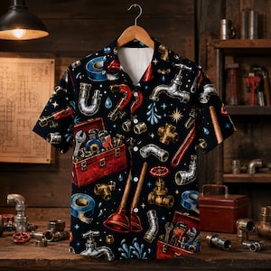 Chemise hawaïenne de plombier avec motif de clé à pipe, de vanne à piston et d'outils de plomberie