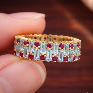 Aquamarine & Ruby Eternity Band Ring, Emerald Cut Blue Gemstone Ring, Gold Plated Full Eternity Sterling Silver Wedding Band, Anniversary