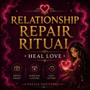 Peut inclure: Un graphique violet foncé avec le texte doré RELATIONSHIP REPAIR RITUAL et HEAL LOVE. Une illustration d'une personne aux longs cheveux sombres tient un cœur rose brillant. Des icônes pour photo proof, same day casting et fast acting sont inclus.