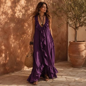 Boho-Maxikleid mit Rüschen – Fließendes Sommerkleid – Strandkleid mit V-Ausschnitt – Kleid für Hochzeitsgäste