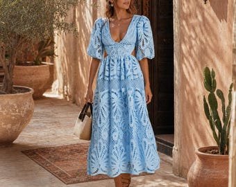 Pastel Blue Midi Dress Delicate Fabric Romantic Lace Details Casual Summer Outings Women Apparel